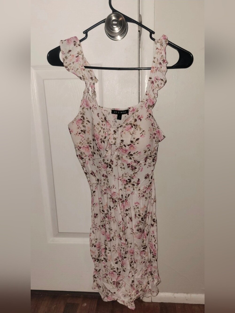 As U Wish White Pink Floral Ruffle Mini Dress, Juniors Size Small 3-5